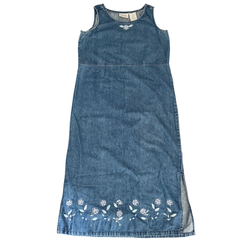 Erika Collection Petites Denim Dress Medium Petite Embroidered Floral Sleeveless